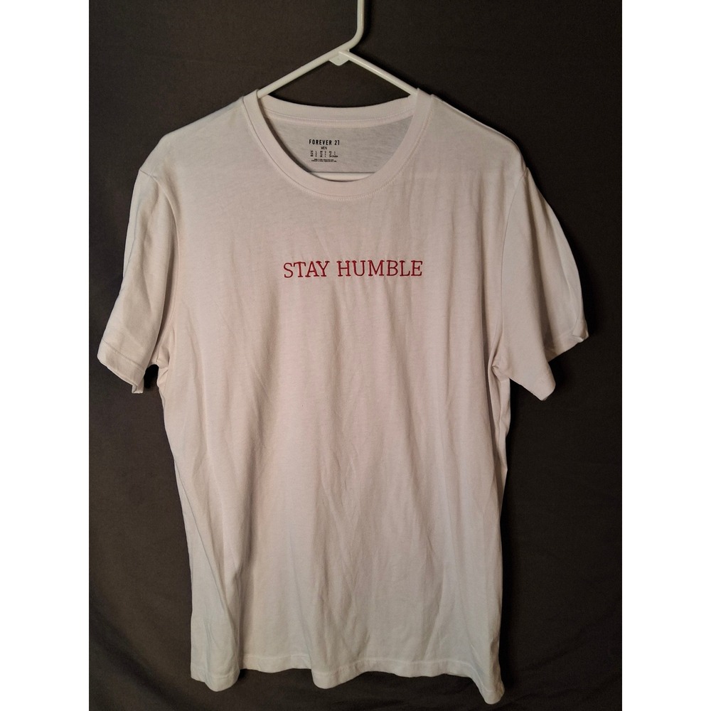 Forever 21 Men Stay Humble Graphic T-Shirt White Red Embroidered Large